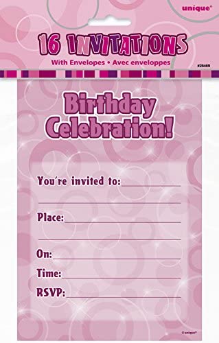 Unique Party 28469 - Glitz Pink Birthday Party Invitations, Pack of 16, Happy Birthday