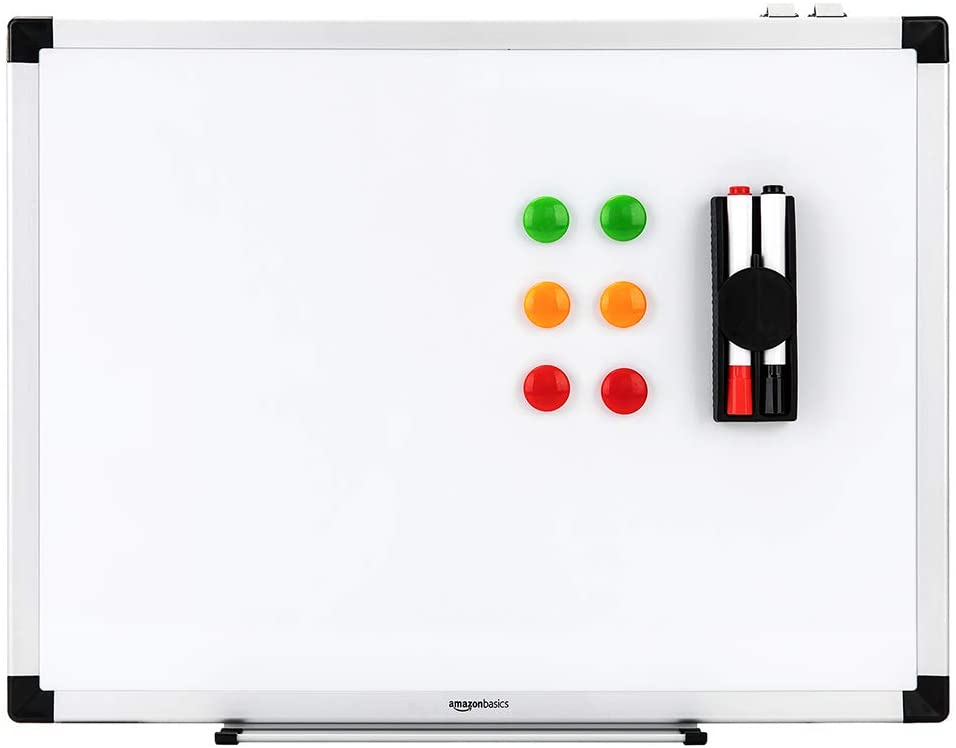 Amazon Basics Magnetic Whiteboard with Pen Tray, Aluminium Trim and Dry-Wipe Writing Surface, 90 x 60cm (WxH)
