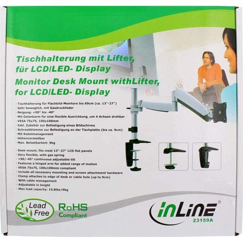 InLine 23159A Desk Mount with Lifter, Movable, for Monitors up to 68 cm (27 Inches), Max. 9 kg, silver - Image 3