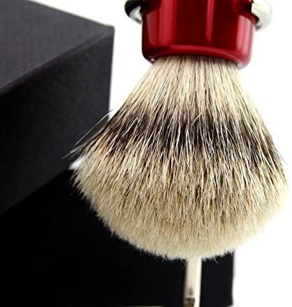 Mens Sliver Tip Badger Hair Shaving Brush with Shiny Red Base & Stainless Steel Brush Stand/Holder - Image 4