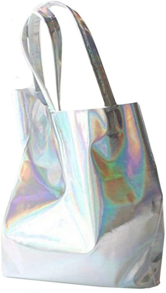 Millya Hologram Large Tote Handbag Shoulder Bag Laser PU Shopper for Men and Women Silver - Image 2