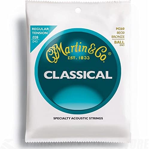 Martin Guitar Classical M260, Nylon Normal Tension 80/20 Bronze Ball End Acoustic Guitar Strings 1 Pack, Silver