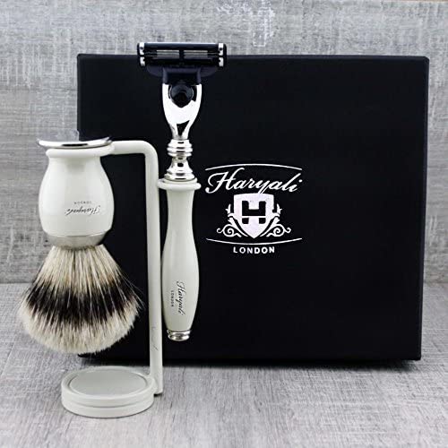 Set Featuring Silver Tip Badger Hair Brush &Triple Edge Cartridge Replaceable Head Razor &,Stand for Both.
