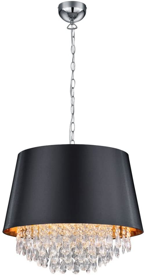 Trio Leuchten Loreley 309300302 Pendant Light Chrome-Coloured Metal/Black Shade/Gold-Coloured Interior/Clear Acrylic Decoration Excluding 3 x E14 / 50 x 50 x 150 cm
