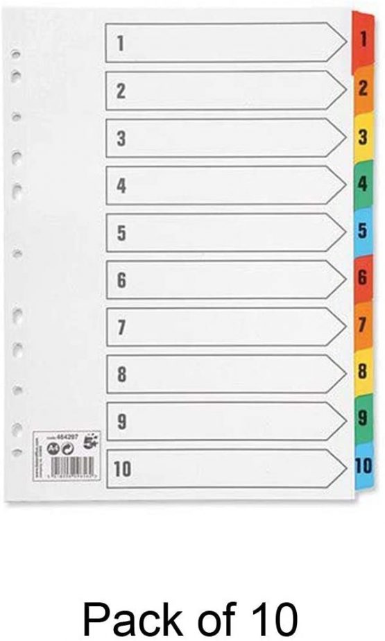 10 x Set Of A4 File Dividers Numbered 1-10 Plastic Tabs