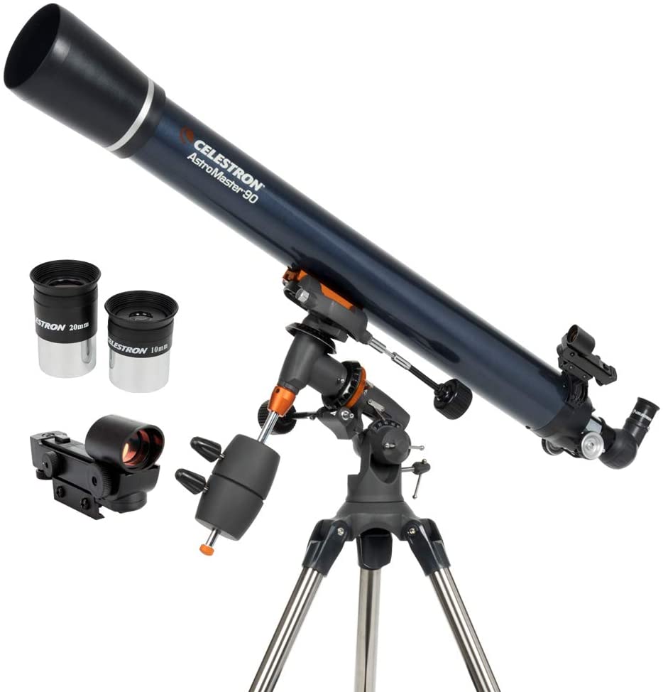 Celestron 21064 AstroMaster 90EQ Refractor Telescope, includes Two Eyepieces, Erect Image Diagonal