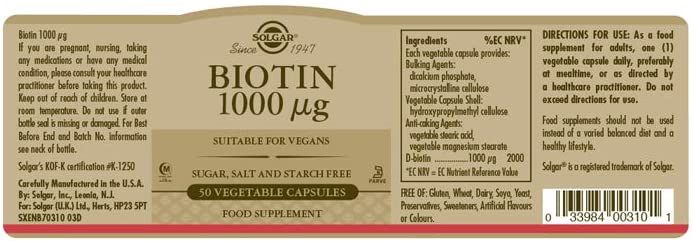 Solgar Biotin 1000 µg Vegetable Capsules - Pack of 50 - Image 2
