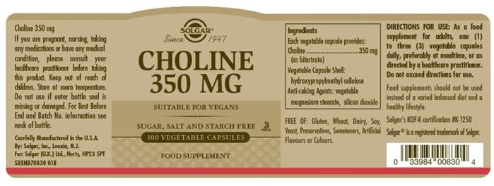 Solgar Choline 350mg - Healthy Liver Function - Supports Fat Metabolism - Essential Micronutrient - Vegan - 100 Vegetable Capsules - Image 2