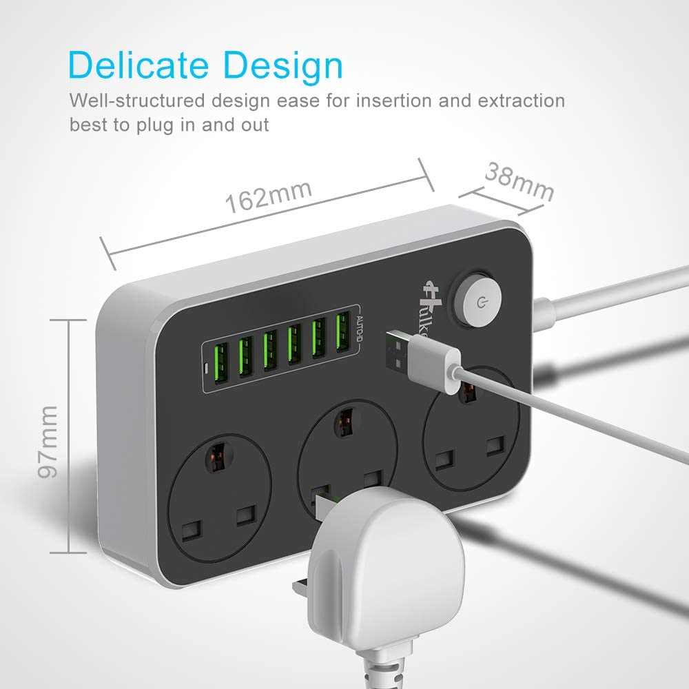 HULKER Power Strips with USB Ports 3 Way Outlets 6 USB Ports Surge Protection 