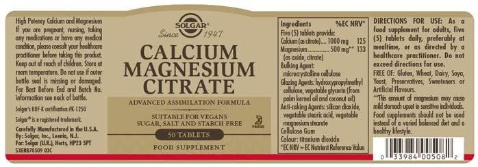 Solgar Calcium Magnesium Citrate Tablets, Pack of 50, Supports Muscle and Nervous System - Image 2