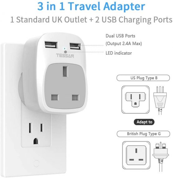 UK to US Plug Adapter with 2 USB Ports - TESSAN Grounded America Travel Adapter - 3 in 1 Power Adaptor for USA, Canada Thailand Mexico and More (Type B) - Image 2