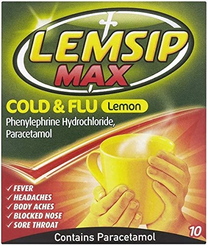 Lemsip Max Cold and Flu, Lemon, 10 Sachets, Paracetamol, Headache Relief, Sore Throat Relief, Nasal Congestion Relief