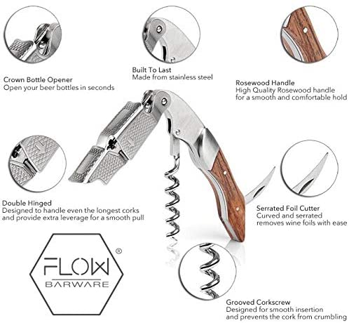 FLOW Barware Waiters Friend 3-in-1 Corkscrew Wine Bottle Opener with Foil Cutter, Silver / Brown, 12x3 - Image 2