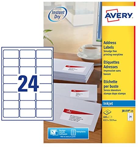 Avery Smudge Free, Printable, Address Labels, Quickdry, 63.5 x 33.9 mm, White, 24 Labels per Sheet