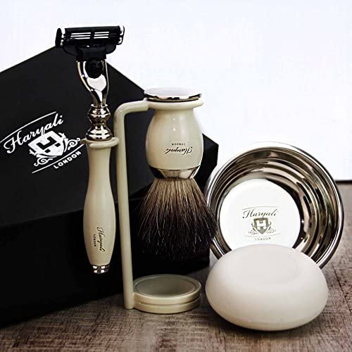 Haryali London 5pc Mens Shaving Kit 3 Edge Razor, Black Badger Hair
