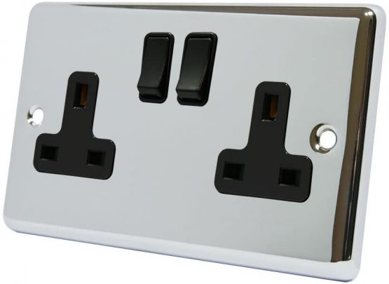 AET CPC2GSOCBL Polished Chrome Classical 2 Gang Black Insert Plastic Rocker Switches-13 Amp Double Plug Socket