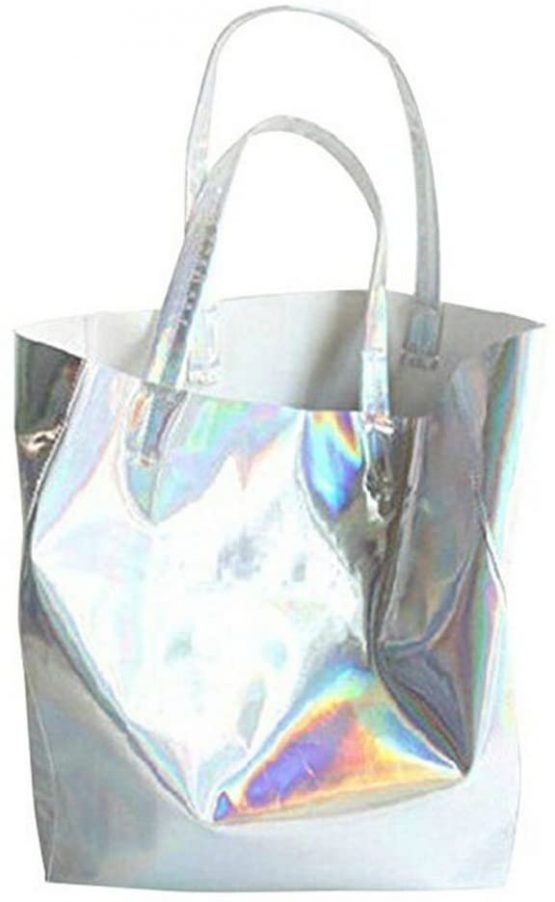 Millya Hologram Large Tote Handbag Shoulder Bag Laser PU Shopper for Men and Women Silver
