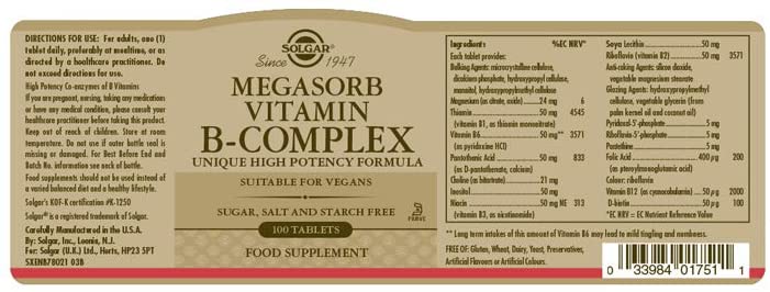 Solgar Megasorb Vitamin B-Complex Tablets, Pack of 100, Supports Mental Performance - Image 2