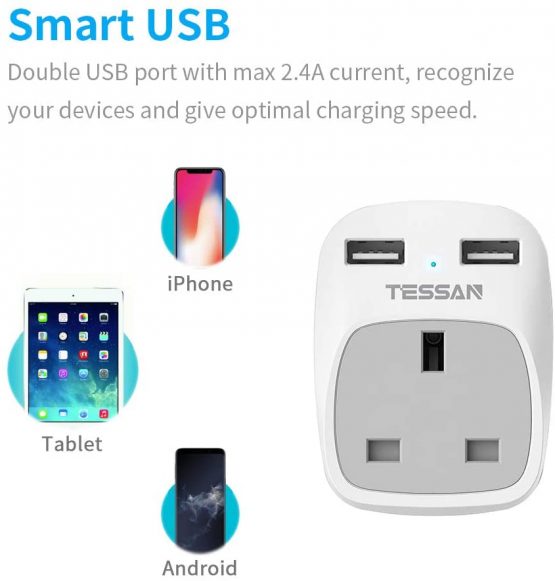 UK to US Plug Adapter with 2 USB Ports - TESSAN Grounded America Travel Adapter - 3 in 1 Power Adaptor for USA, Canada Thailand Mexico and More (Type B) - Image 3