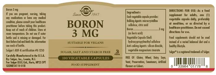 Solgar Boron 3 Mg Vegetable Capsules - Food Supplement, 100 Capsules (Pack of 1) - Vegan, Gluten Free, Brown, 100 count (Pack of 1) - Image 2