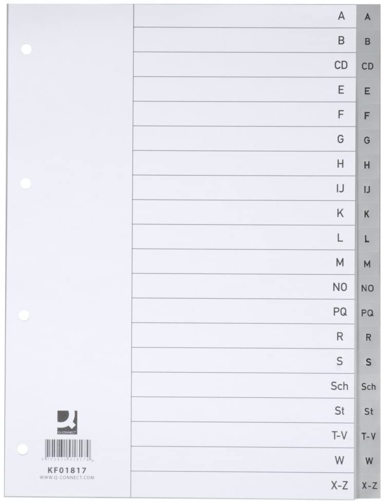 Dividers Q-CONNECT PP A4 230x297mm A-Z 20pcs Grey/Document Archiving/Type-A4 / Kind-with a Description Card/Index-Historia/Material-PP/Colour-Grey/Format-A4 / Thickness (mm)-120