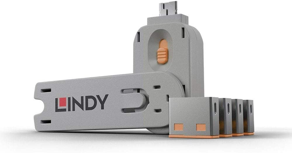 LINDY USB Port Blocker - Pack of 4 Colour Code: Orange, 4 Pack + Key
