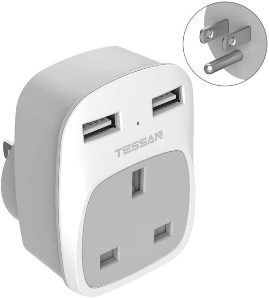 UK to US Plug Adapter with 2 USB Ports - TESSAN Grounded America Travel Adapter - 3 in 1 Power Adaptor for USA, Canada Thailand Mexico and More (Type B)