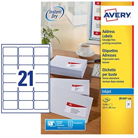Avery Smudge Free, Printable, Address Labels, Quickdry, 63.5 x 38.1 mm, White, 21 Labels per Sheet