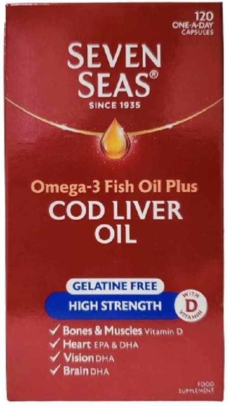 Seven Seas Cod Liver Oil High Strength Gelatine Free Omega-3 Fish Oil and Vitamin D, 120 Capsules, White, 120 Count (Pack of 1)