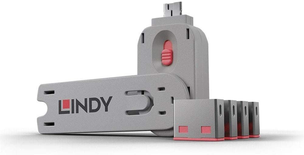 Lindy USB Type A Port Blocker Range (4 Blockers + Key, Pink), 4 Pack + Key