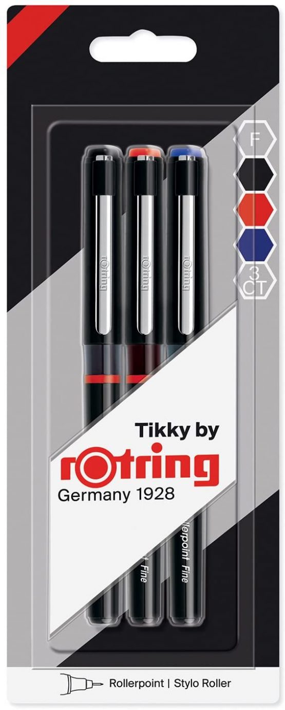 rOtring Tikky Rollerpoint Pen, Fine, Red, Blue, Black Ink, Pack of 3