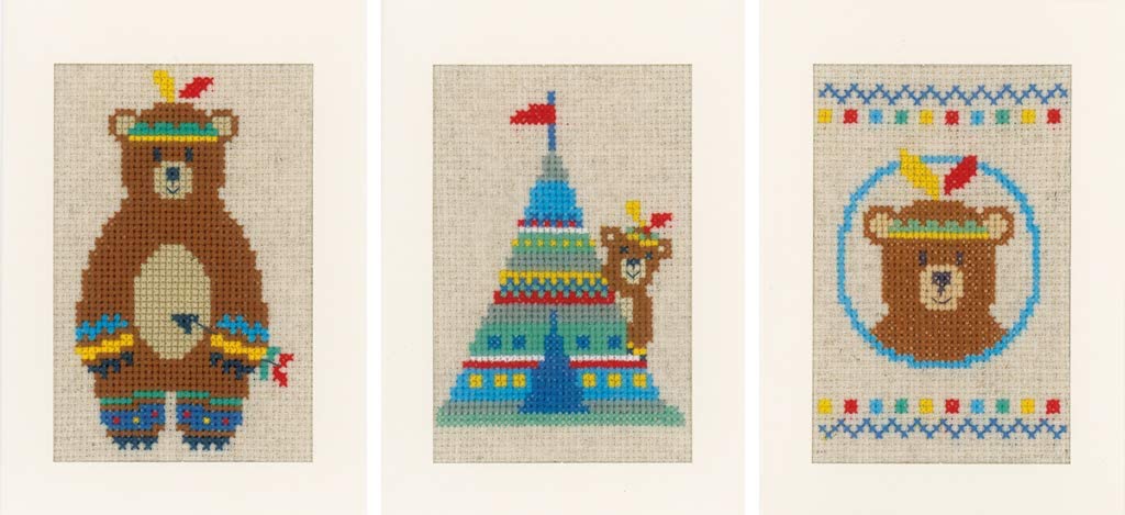 Vervaco Counted Cross Stitch Kit: Cards: LIEF Indian Bear: Set of 3, Acrylic, NA, 10.5 x 15cm, N\a
