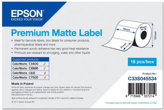 Epson Premium Matte Labels – 76 x 51 mm – 650 Pieces)