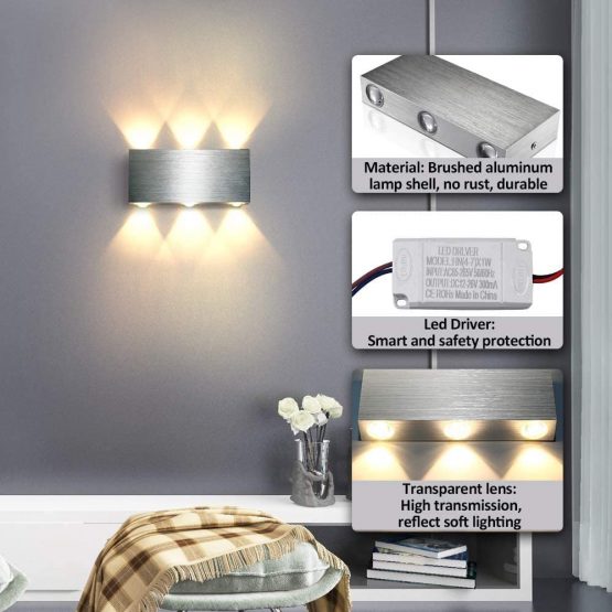 Lightess 6W Led Wall Light Indoor Living Room Up Down Wall Light Silver Brushed Aluminum Wall Light for Bedroom Restaurant Hotel Stair Corridor Hallway Wall Lighting Fixture - 3200k Warm White - Image 4