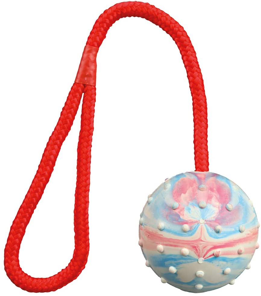 Trixie 3305 Ball on rope, natural rubber, ø 6/30 cm, orange/turquoise, pack of 1, dog, sizes all breeds, fetch, tug-of-war - Image 2
