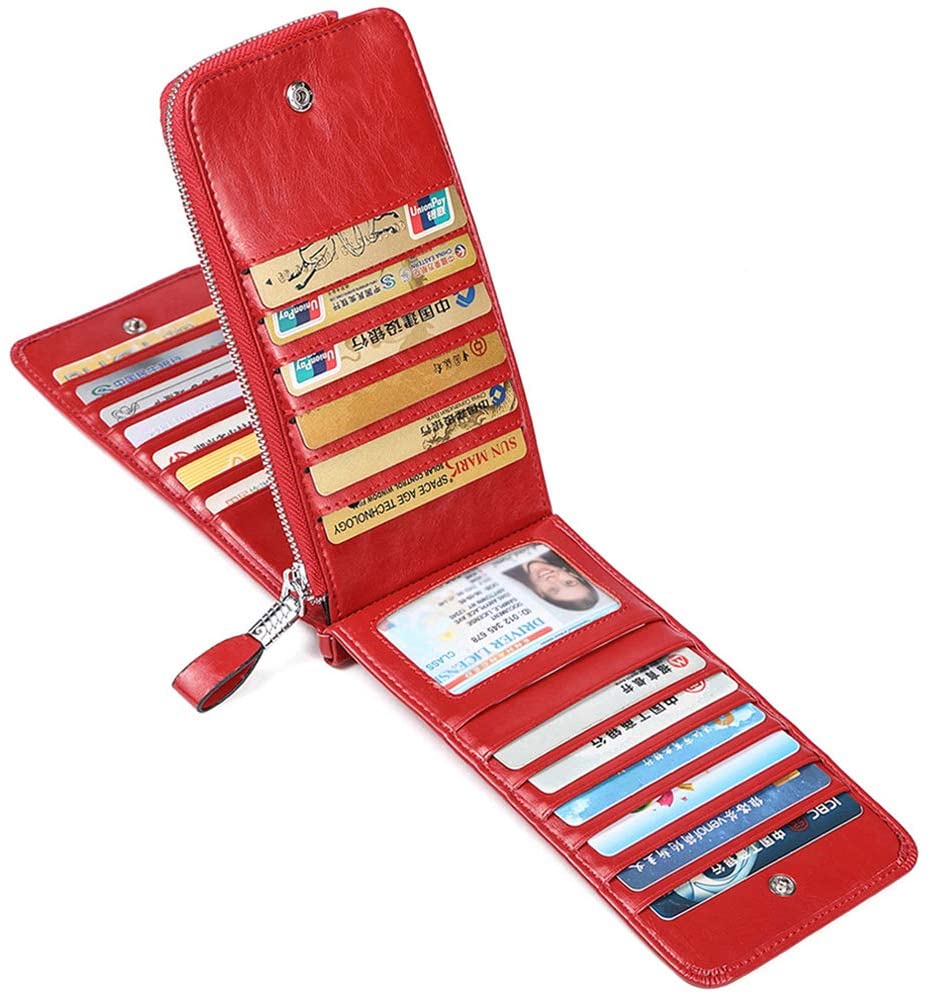 JEEBURYEE Women's Oil Wax Real Leather Multi Credit Card Holder Wallet RFID Blocking Long Bifold Clutch Wallet Ladies Purse with Zipper Pocket Red