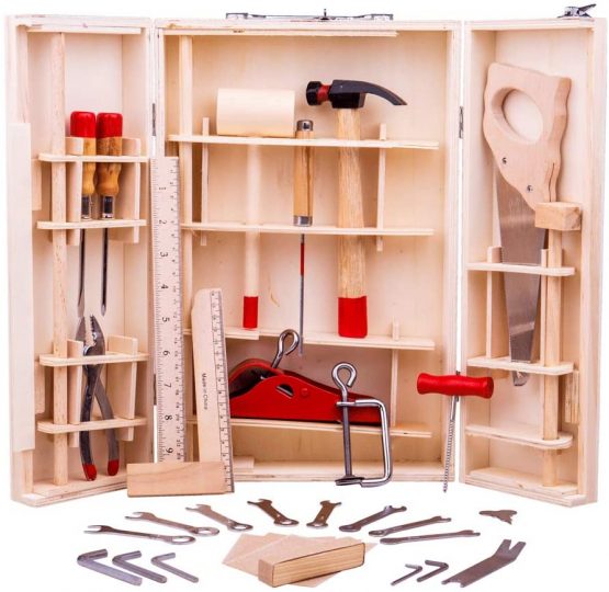 Bigjigs Toys Junior Tool Box with Hammer, Saws, Spanners, Screwdrivers - 28 Play Pieces