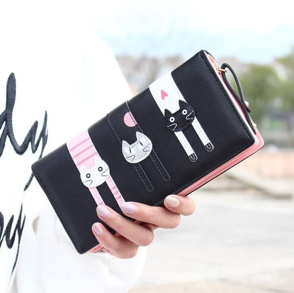 Diyafas Long Zipper Wallet for Women Buckle Cartoon Cat Purse Ladies Large Capacity Card Holder Handbag, Black - Image 2