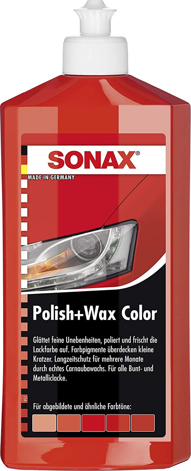SONAX POLISH+WAX COLOR RED (500 ml) - A mid-strength polish with colour pigments and a wax component., Color Red 500 ml