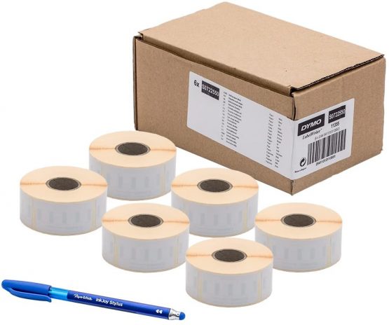 6 x Dymo S0722550 Original LabelWriter Multi-Purpose Labels, Removable, 11355, 19 x 51 mm, 500/Roll + PaperMate Pen Gift - Image 2