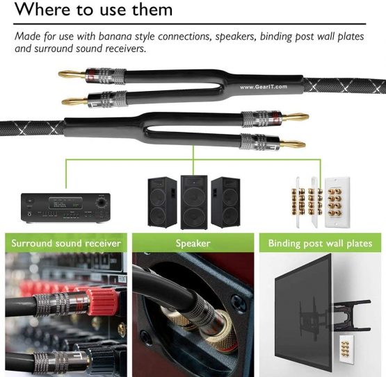 GearIT 14AWG Premium Heavy Duty Braided Speaker Wire (15 Feet) with Dual Gold Plated Banana Plug Tips - Oxygen-Free Copper (OFC) Construction, Black - Image 4