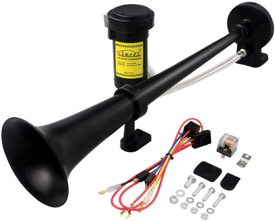 GAMPRO 12 V 150 dB truck horn, chrome zinc dual trumpet air horn with compressor for all 12 V vehicles, lorries, trains, boats, cars, vans (black), 0