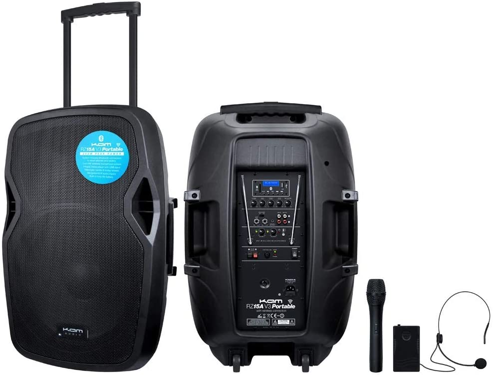 KAM RZ15A 15" Portable Active Speaker with Bluetooth® ~ 1200W, USB/SD Inputs, and Wireless Mic System, black