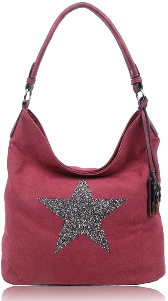 RedFox Sparking Rhinestone Embellished Star Canvas Shoulder Bag/Tote Shopper Large Size 35x30x14 cm, Red Dark Star - Image 3