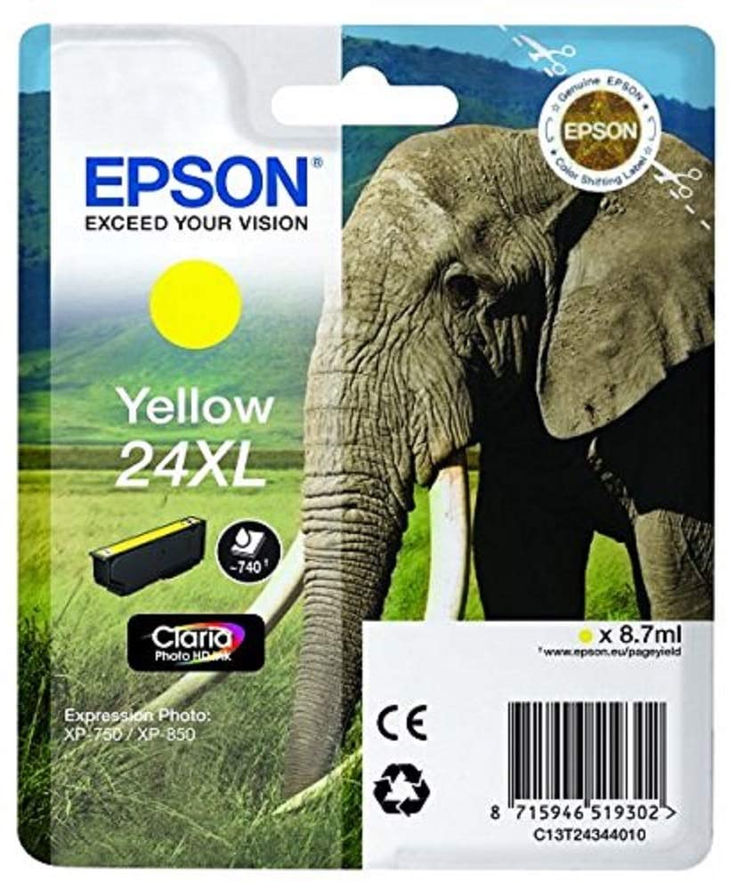 Epson 24XL Yellow Elephant High Yield Genuine, Claria Photo HD Ink Cartridge, XL High Capacity