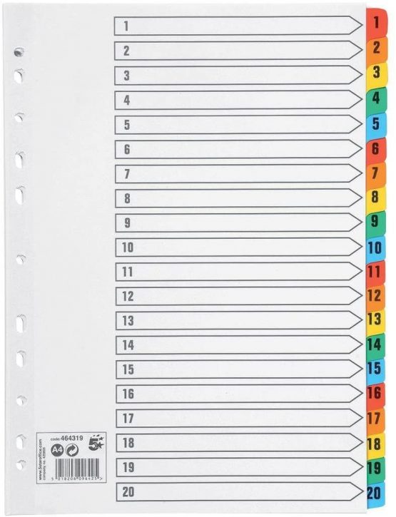 5 Star Office Index 150gsm Card with Coloured Mylar Tabs 1-20 A4 White
