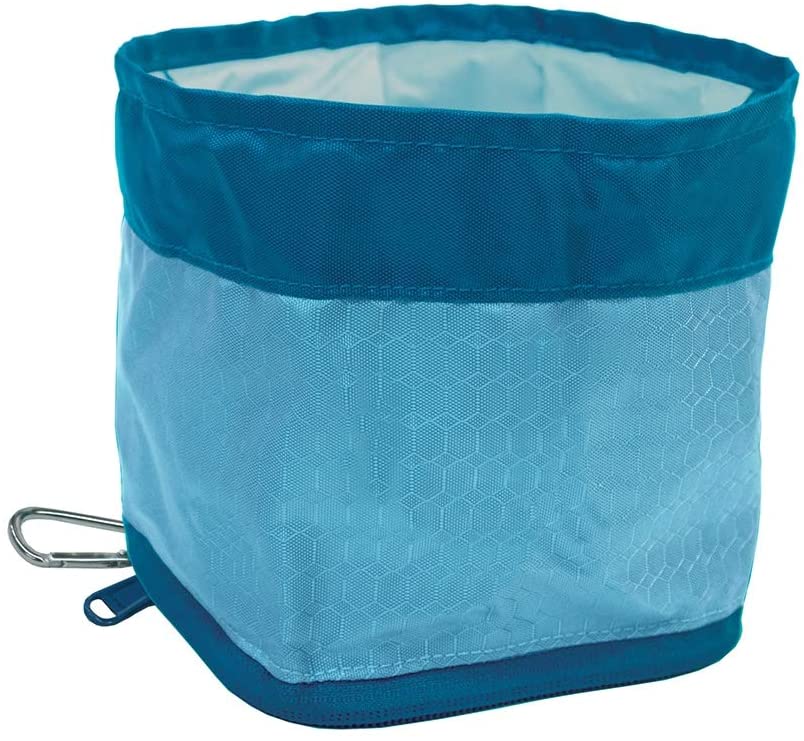 Kurgo Zippy Bowl, Collapsible Travel Dog Bowl for Food and Water with Carabiner BPA free, Holds 1.4L, Coastal Blue