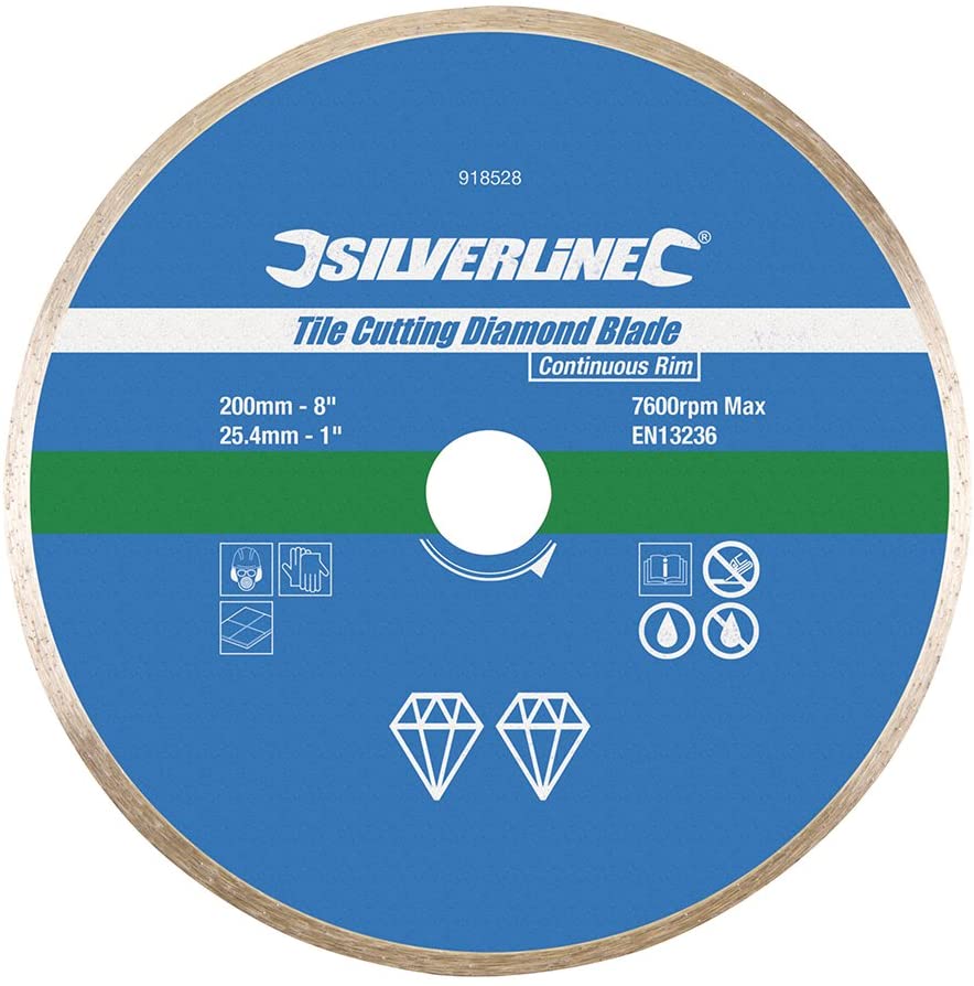 Silverline 918528 Tile Cutting Diamond Blade 200 x 25.4 mm Continuous Rim, Multicolour