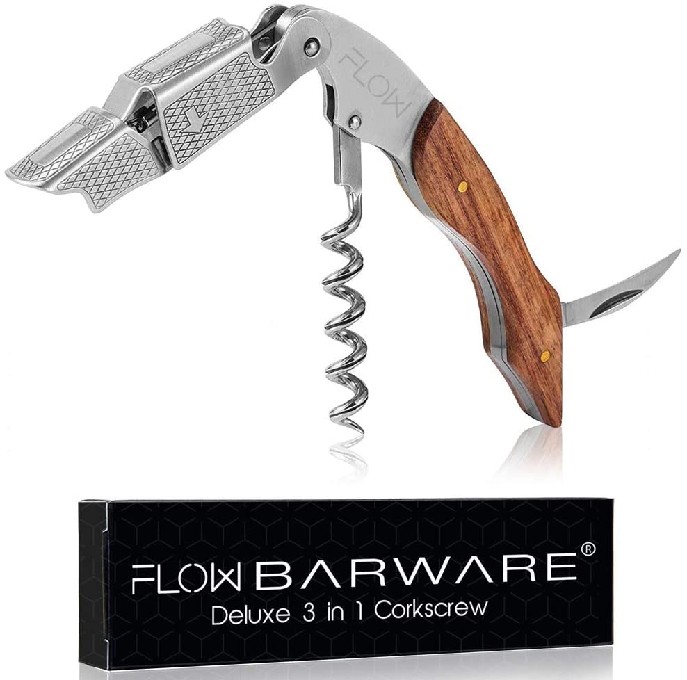 FLOW Barware Waiters Friend 3-in-1 Corkscrew Wine Bottle Opener with Foil Cutter, Silver / Brown, 12x3