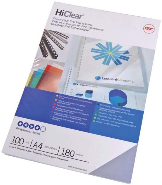 GBC HiClear Binding Covers, 150 micron, A4, Clear, Pack of 100, CE011580E